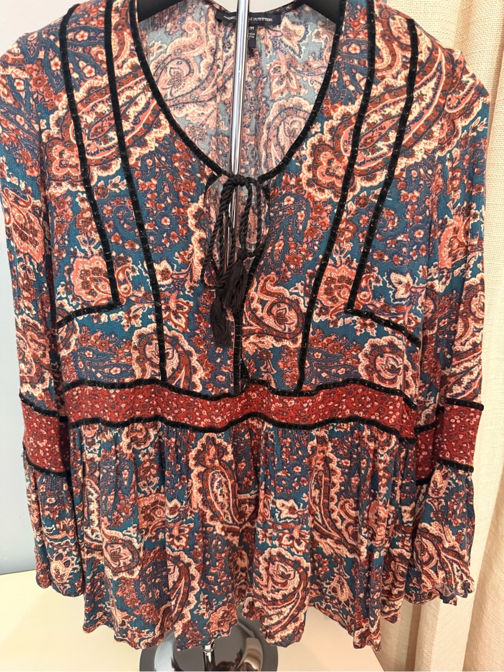 American Eagle Outfitters Teal and Rust Paisley Peasant Blouse